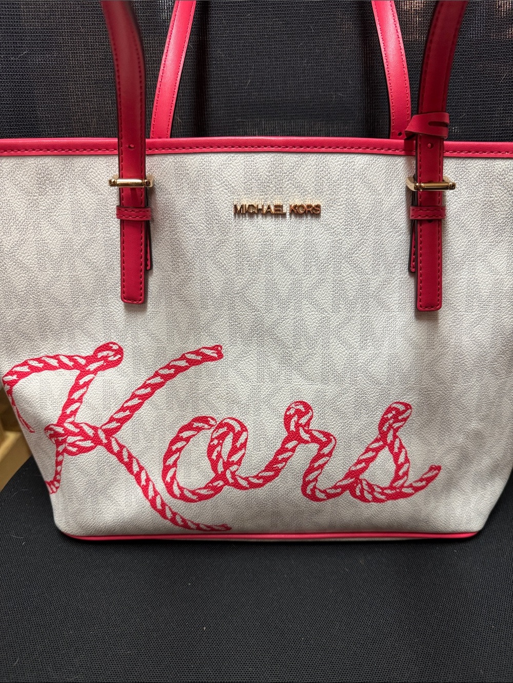Michael Kors White Leather Tote with Pink Rope Script & Trim